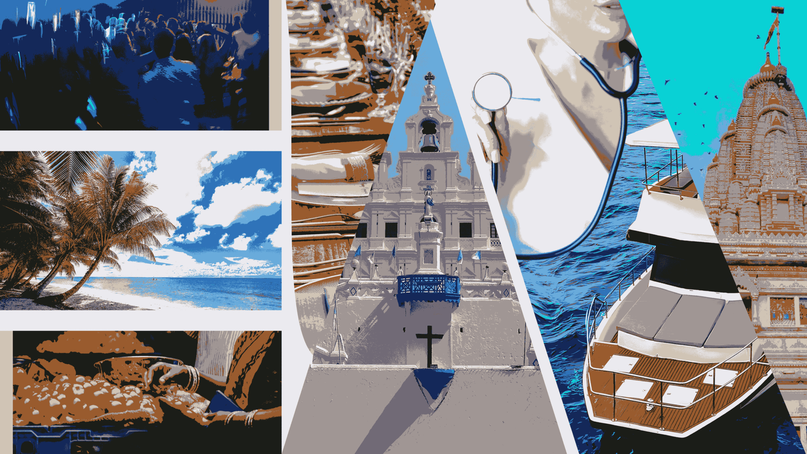 a collage of images of a boat and a stethoscope